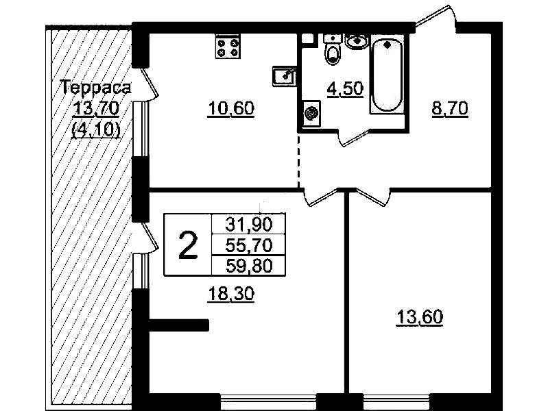 2-комнатная квартира 59.8 м², 1/9 эт., ЖК «А101 Лаголово»